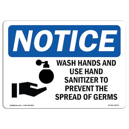 Signmission OSHA Sign, Wash Hands And Use Hand Sanitizer, 5in X 3.5in Decal, 10PK, 3.5" W, 5" L, Landscape, PK10 OS-NS-D-35-L-18939-10PK